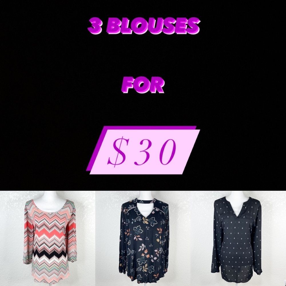 3 for $30 Chevron Geometric Floral Leaf Patterned Keyhole Long Sleeve Blouses 1